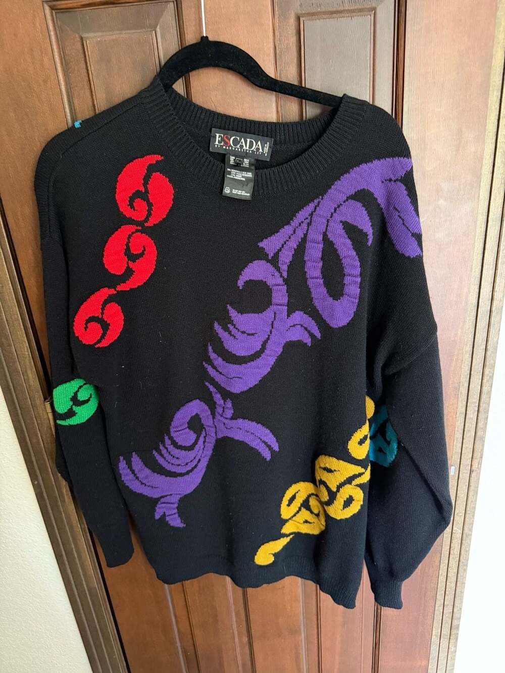 Vintage Escada Margaretha Ley Black Wool Abstract Scroll Pattern Sweater